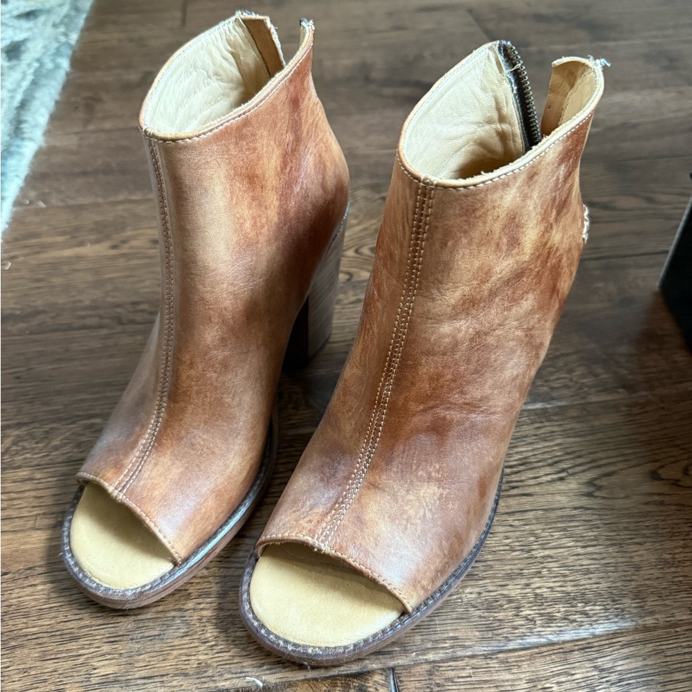 Brown Leather Peep-Toe Ankle Boots